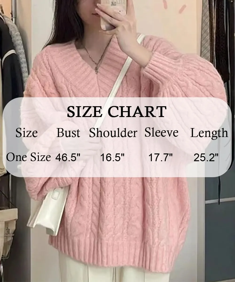 Women's Y2K Oversized Chunky Cable Knit Sweater Casual Long Sleeves V Neck Pullover Tops