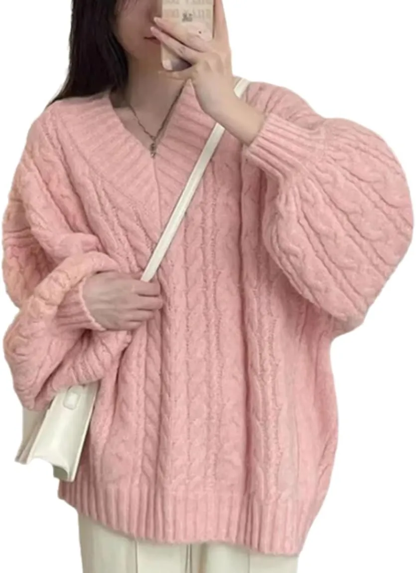 Women's Y2K Oversized Chunky Cable Knit Sweater Casual Long Sleeves V Neck Pullover Tops