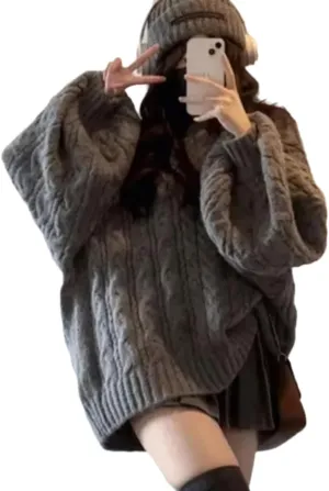 Women's Y2K Oversized Chunky Cable Knit Sweater Casual Long Sleeves V Neck Pullover Tops