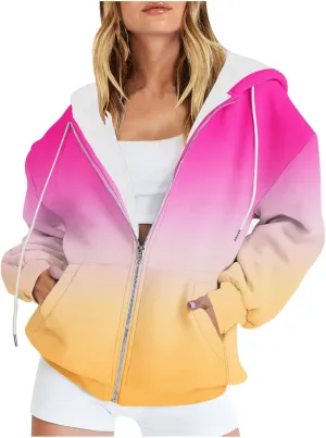 Womens Zip Up Hoodies Sherpa Lined Fleece Thermal Jacket Full Zip Long Sleeve Sweatshirts Gradient Color Shirts Coat