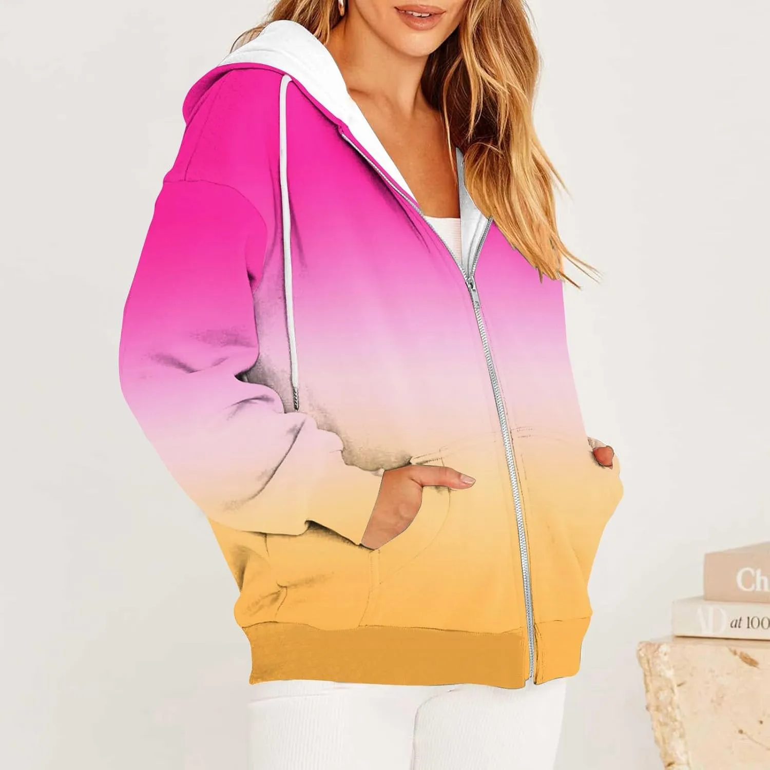 Womens Zip Up Hoodies Sherpa Lined Fleece Thermal Jacket Full Zip Long Sleeve Sweatshirts Gradient Color Shirts Coat