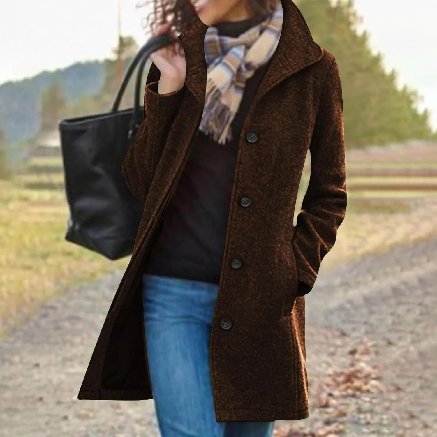 Wool Blend Coat for Women 2024 Single Breasted Peacoat Plus Size Trench Coats Tops Long Winter Cardigan with Pockets