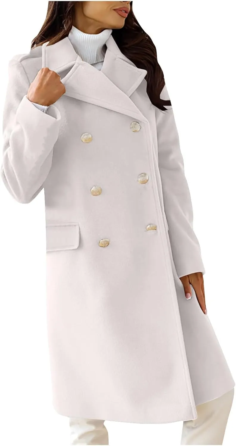Wool Blend Trench Coat for Women Mid Long Length Office Overcoat Elegant Lapel Collar Belted Pea Coats With Pockets