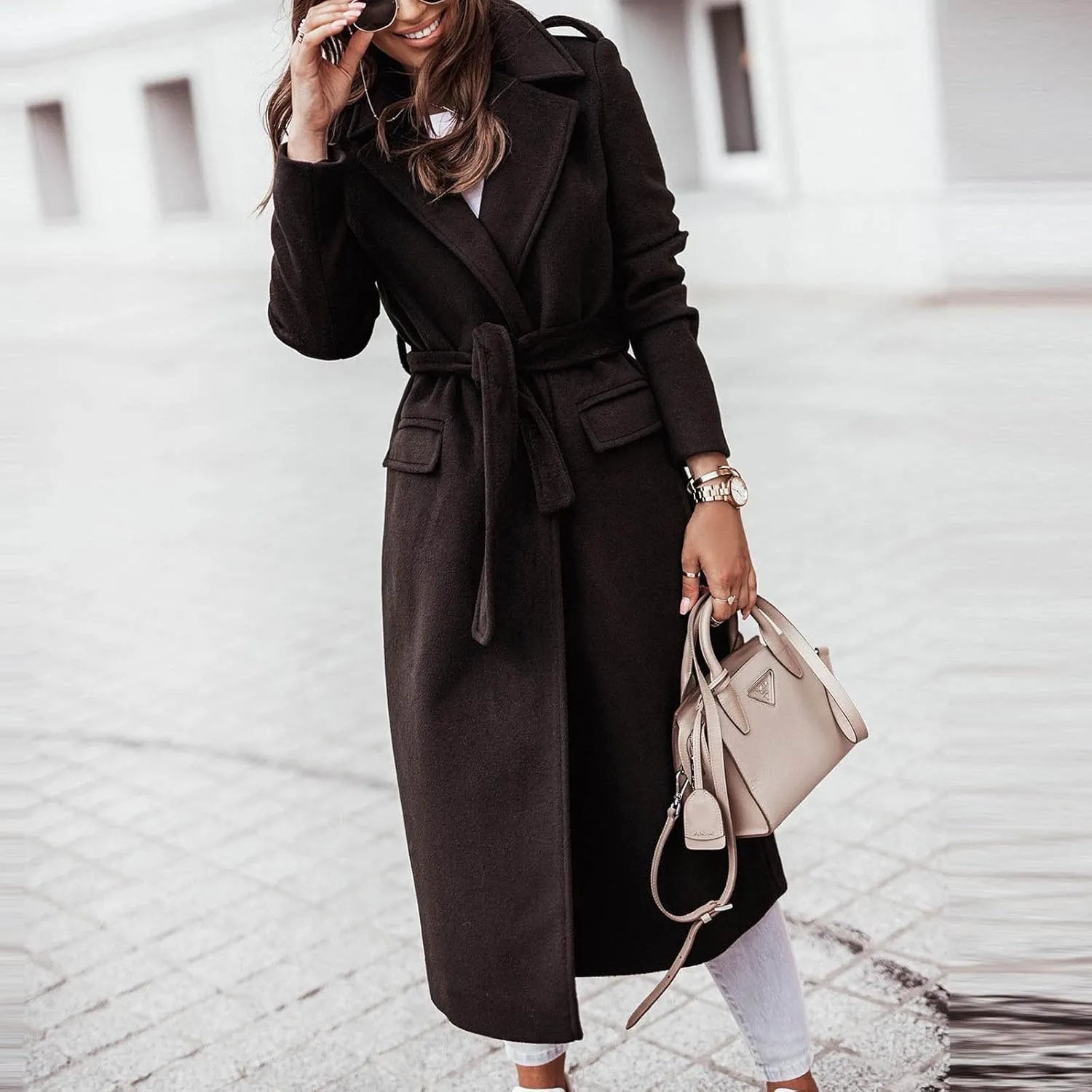 Wool Coats for Women Casual Oversized Long Winter Trench Coats Thicken Warm Notch Lapel Pea Coat Jackets Outwear