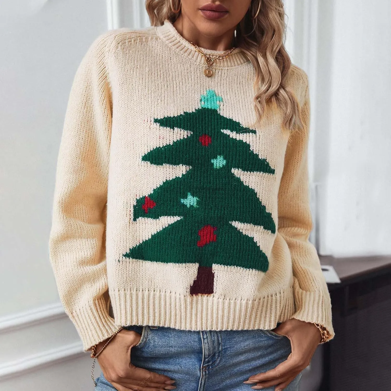 WYTong Women Christmas Sweaters Christmas Tree Knit Sweater Casual Round Neck Lightweight Pullover Funny Xmas Sweaters
