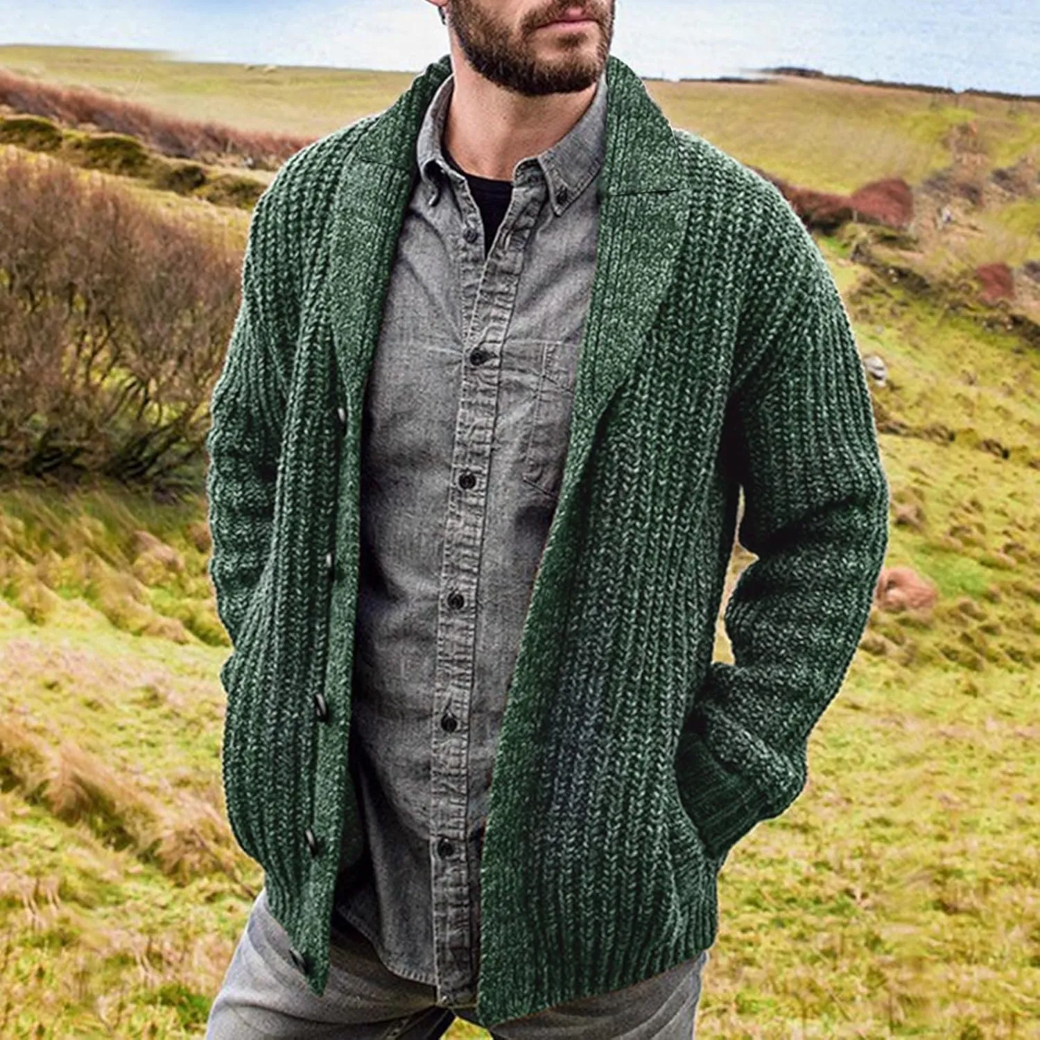 XIAXOGOOL Cardigan Mens Sweater Casual Stylish Shawl Collar Cardigan Cable Knitted Button Up Cardigan Sweaters