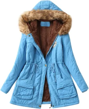 XUETON Winter Coats for Women Zip Up Hooded Warm Thicken Fleece Lined Parkas Military Safari Utility Anorak Jackets Outwear(Sky Blue,Small)