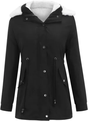 XUETON Women's Casual Zip Up Anork Jackets Fleece Lined Parka Winter Coat Faux Hooded Thicken Warm Utility Anorak Safari Coat