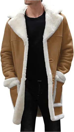 Ymosrh Men's Warm Coat Casual Sherpa Fleece Lined Jackets Winter Fur Collar Long Trench Coats with Pockets Jacket, M-5XL