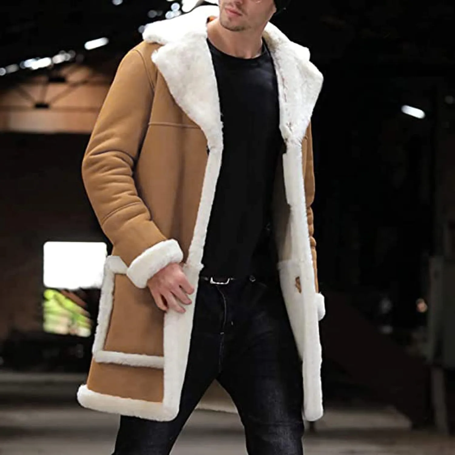 Ymosrh Men's Warm Coat Casual Sherpa Fleece Lined Jackets Winter Fur Collar Long Trench Coats with Pockets Jacket, M-5XL