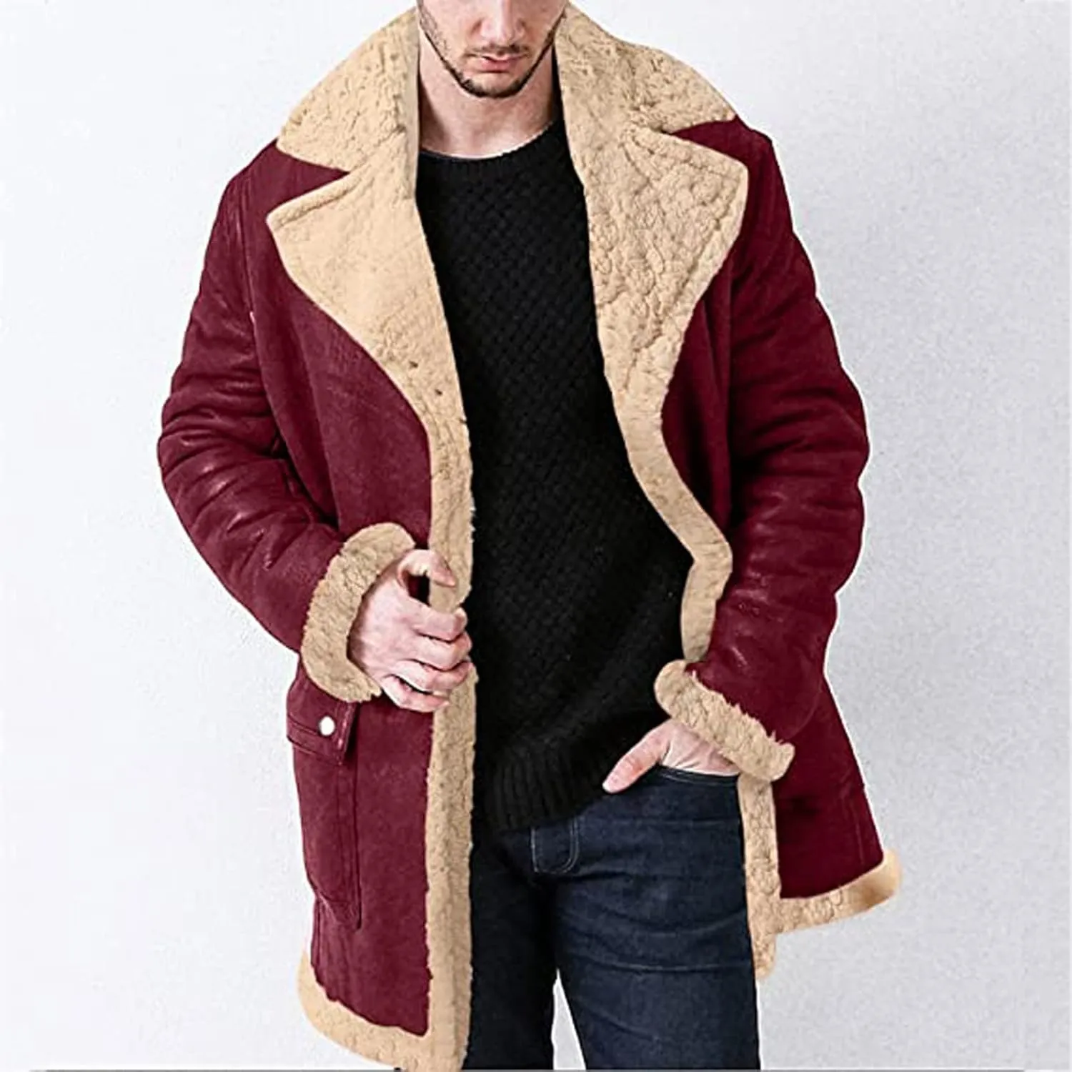 Ymosrh Men's Winter Trench Coat Sherpa Lined Pea Coat Business Casual Overcoat Long Jacket Coat, L-5XL