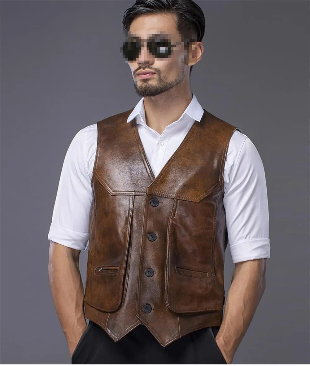 Youllyuu Classical Motorcycle Biker Leather Vest Men Genuine Leather Sleeveless Jackets Button Waistcoat