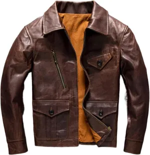 Youllyuu Vintage Cowhide Leather Distressed Motorcycle Jackets Men Genuine Leather Zipper Overcoats