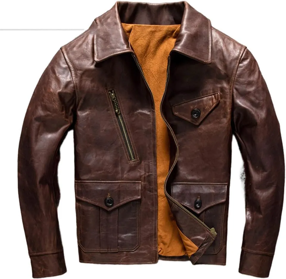 Youllyuu Vintage Cowhide Leather Distressed Motorcycle Jackets Men Genuine Leather Zipper Overcoats