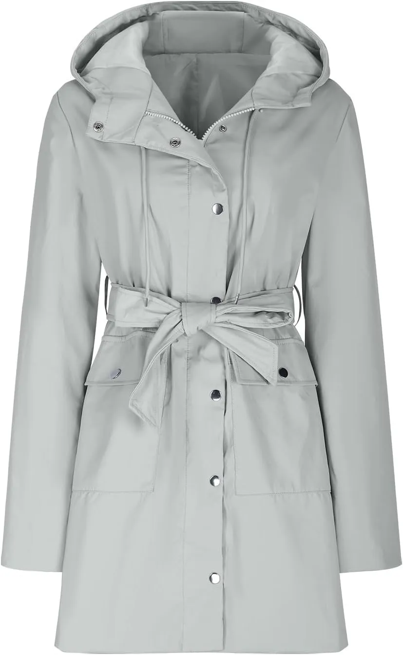 YRAETENM Rain Jacket Women Lightweight Lapel Waterproof Hooded Trench Coats Active Outdoor Belted Windbreaker with Pockets