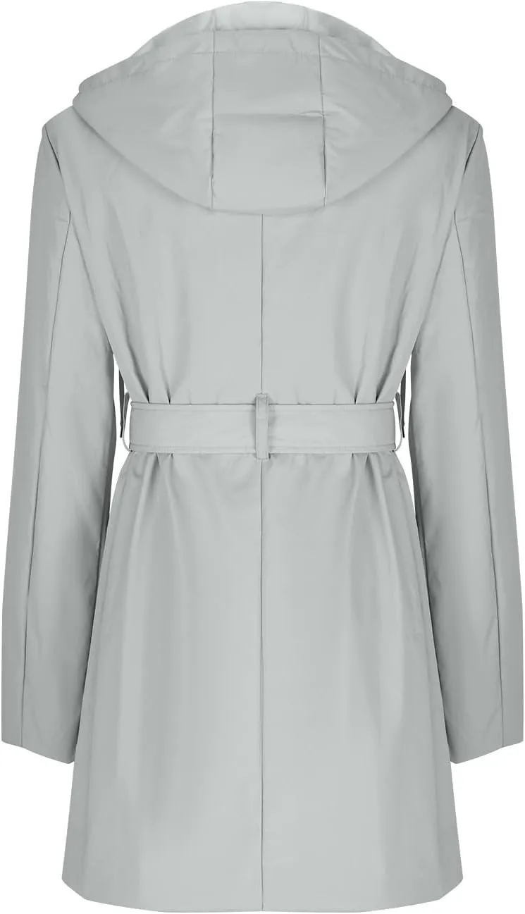 YRAETENM Rain Jacket Women Lightweight Lapel Waterproof Hooded Trench Coats Active Outdoor Belted Windbreaker with Pockets