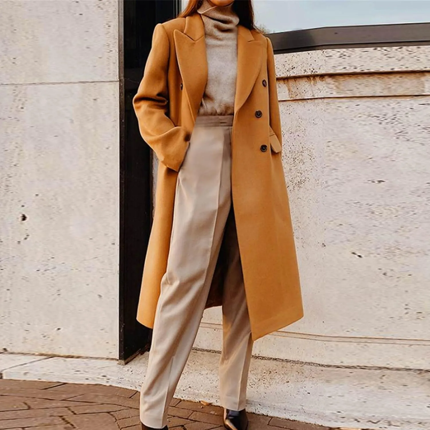 YRAETENM Winter Coats for Women Double Breasted Notched Lapel Trench Coat Work Office Jacket Maxi Long Wool Blend Pea Coat