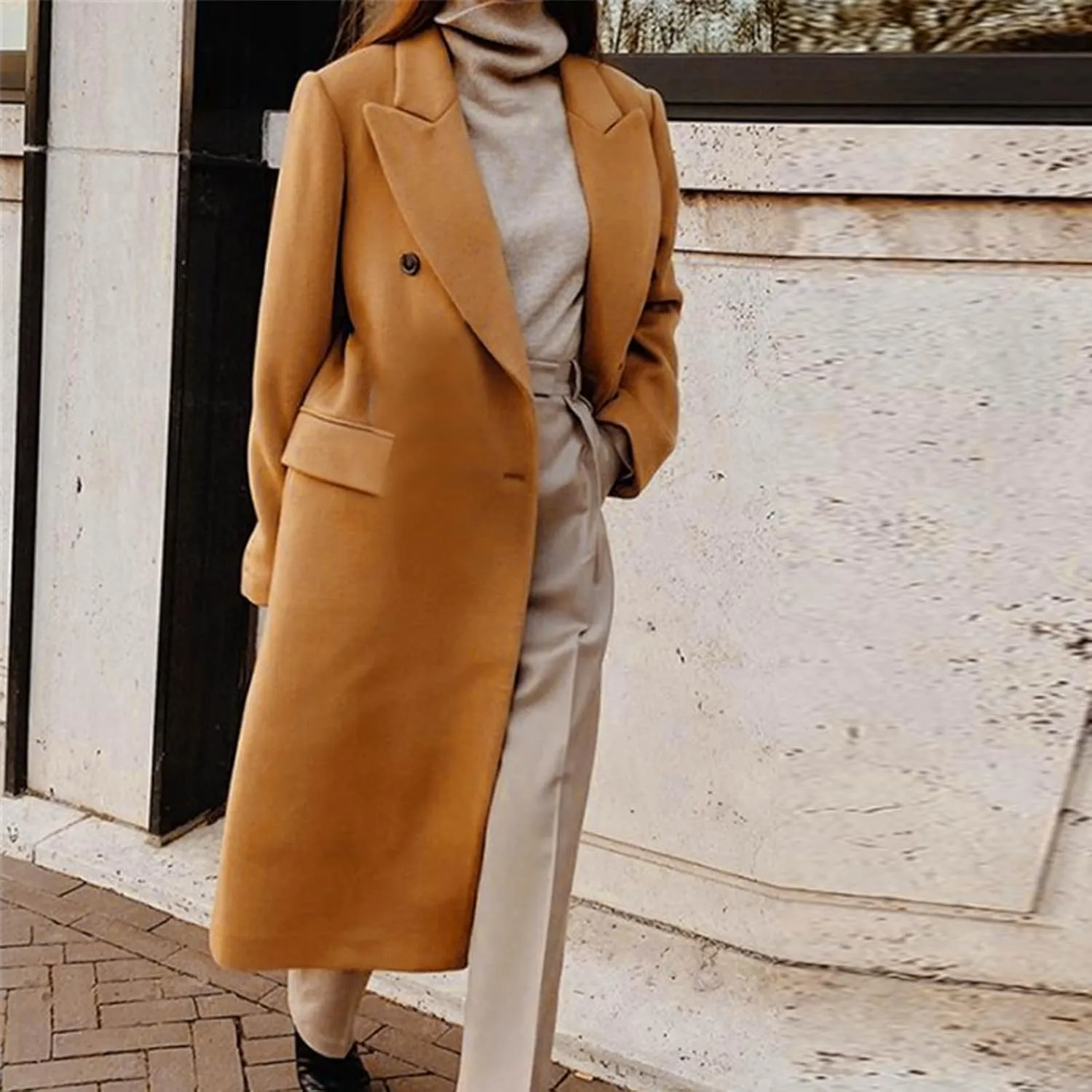 YRAETENM Winter Coats for Women Double Breasted Notched Lapel Trench Coat Work Office Jacket Maxi Long Wool Blend Pea Coat