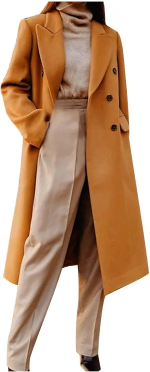 YRAETENM Winter Coats for Women Double Breasted Notched Lapel Trench Coat Work Office Jacket Maxi Long Wool Blend Pea Coat