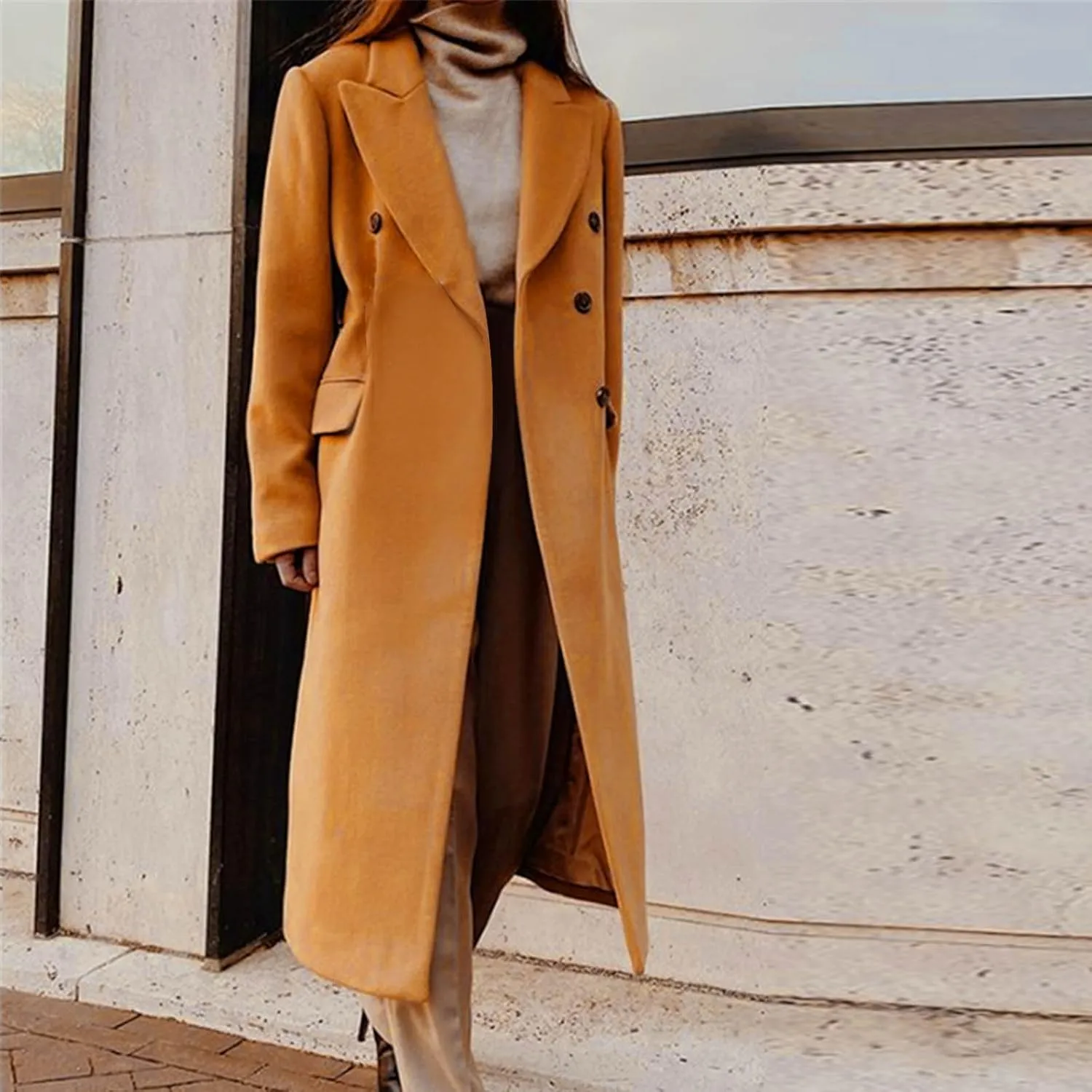 YRAETENM Winter Coats for Women Double Breasted Notched Lapel Trench Coat Work Office Jacket Maxi Long Wool Blend Pea Coat