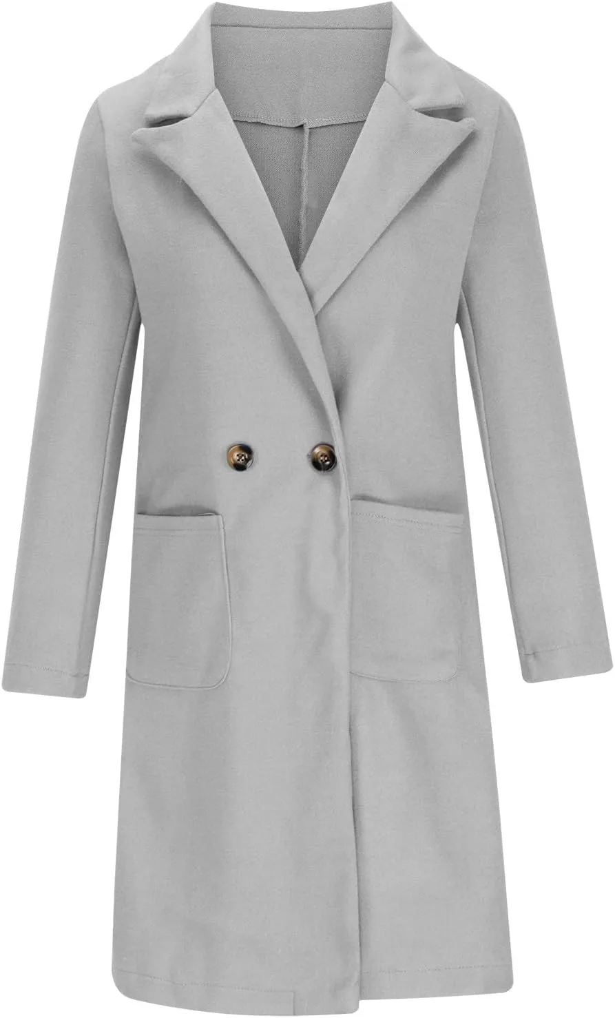 YRAETENM Womens Lapel Collar Pea Coat Winter Double Breasted Midi Long Warm Wool Blend Trench Coat Outerwear with Pockets