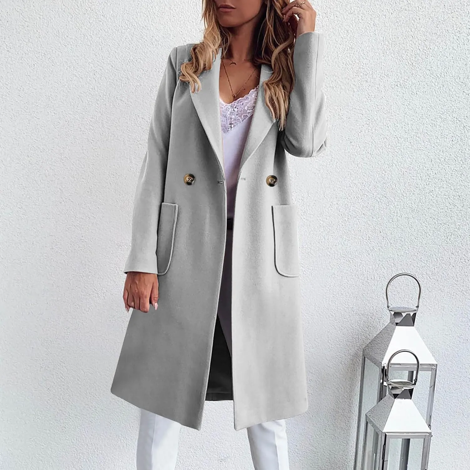 YRAETENM Womens Lapel Collar Pea Coat Winter Double Breasted Midi Long Warm Wool Blend Trench Coat Outerwear with Pockets