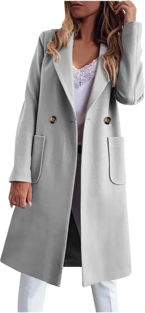 YRAETENM Womens Lapel Collar Pea Coat Winter Double Breasted Midi Long Warm Wool Blend Trench Coat Outerwear with Pockets