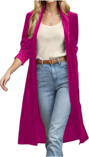YRAETENM Women's Long Velvet Cardigan Jacket Fall Dressy Open Front Velour Lapel Coatigan Jackets Business Office Outwear