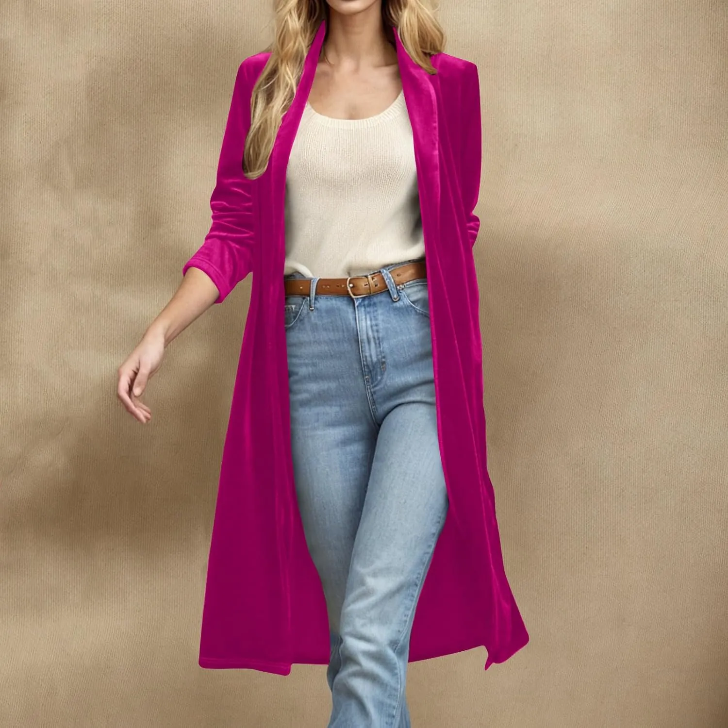 YRAETENM Women's Long Velvet Cardigan Jacket Fall Dressy Open Front Velour Lapel Coatigan Jackets Business Office Outwear