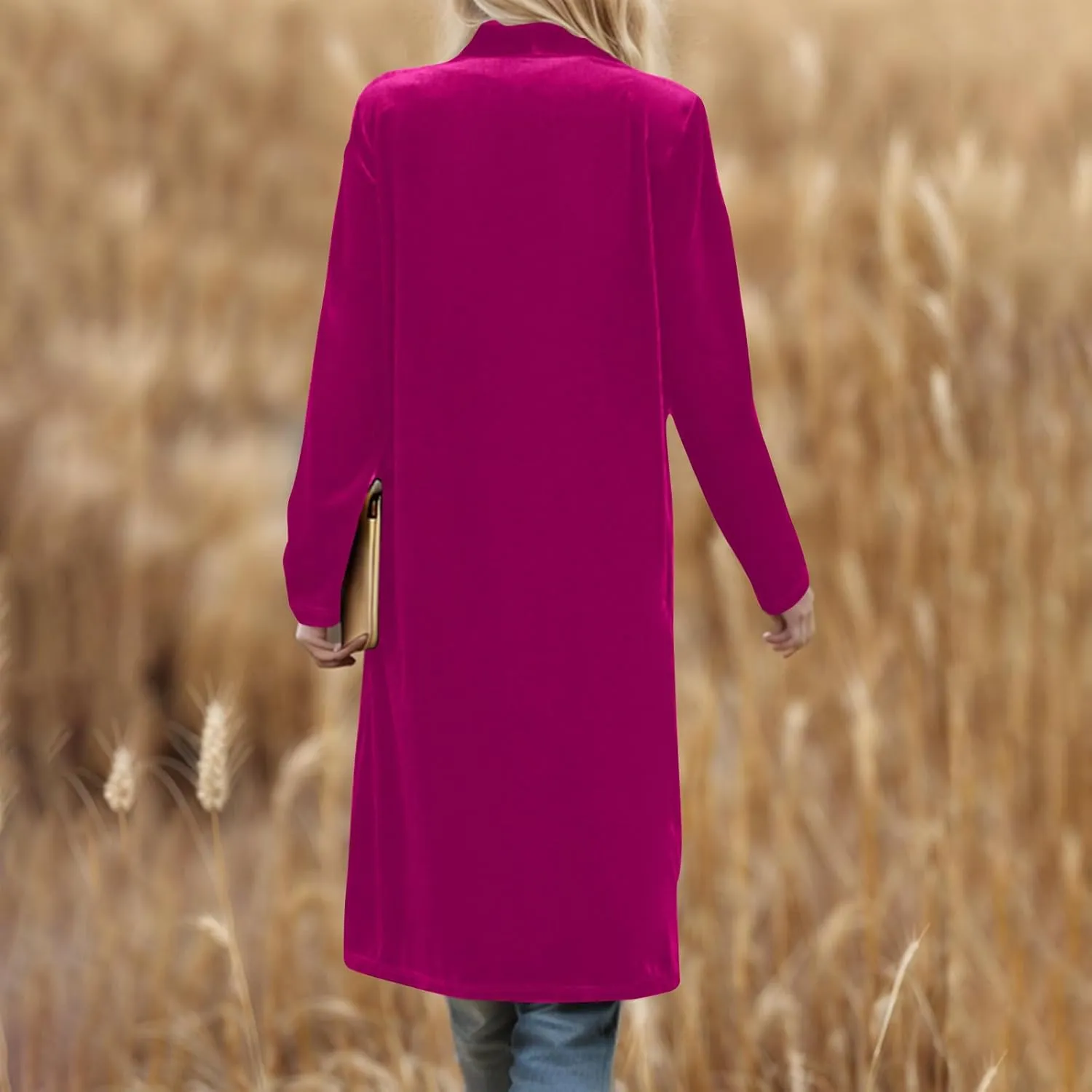 YRAETENM Women's Long Velvet Cardigan Jacket Fall Dressy Open Front Velour Lapel Coatigan Jackets Business Office Outwear