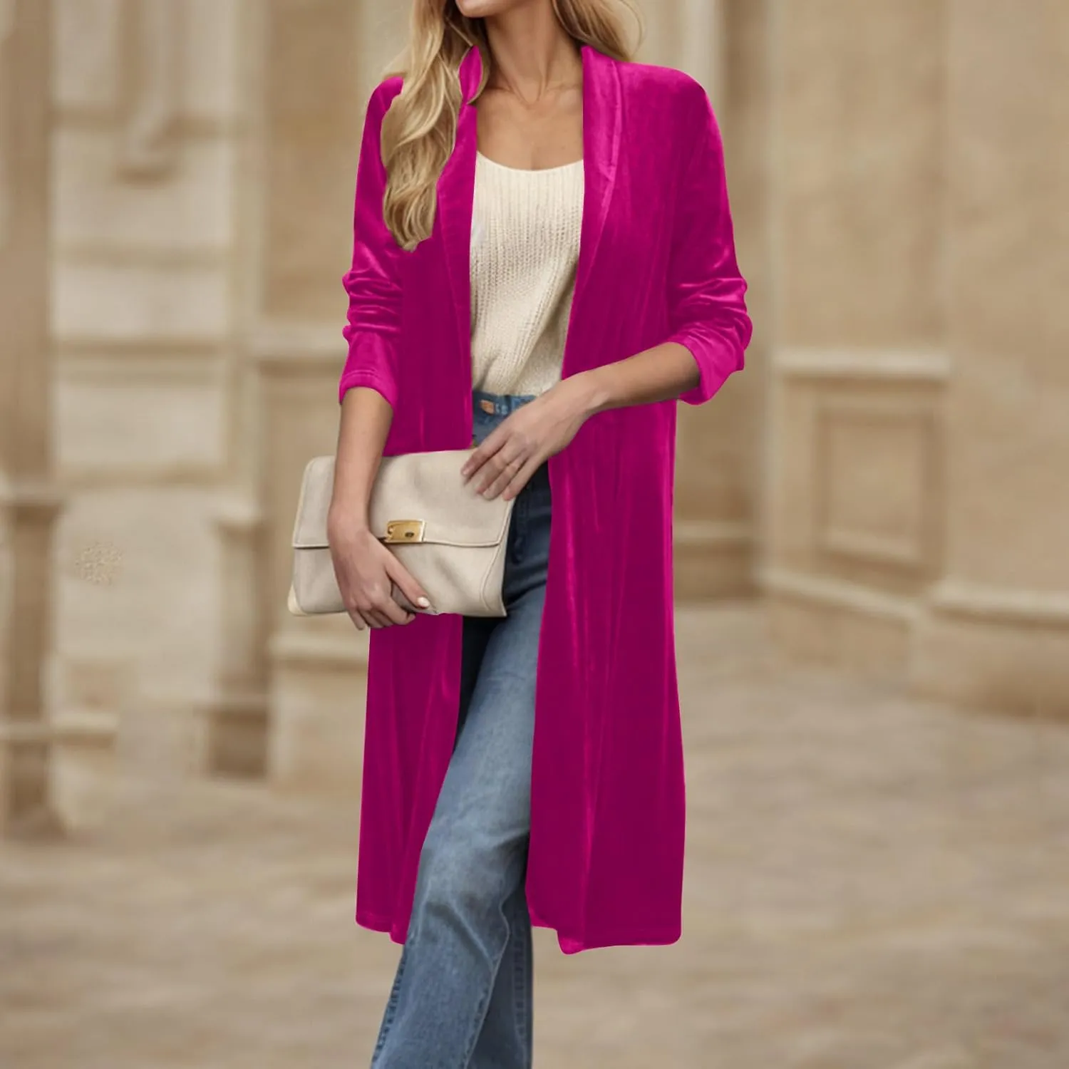 YRAETENM Women's Long Velvet Cardigan Jacket Fall Dressy Open Front Velour Lapel Coatigan Jackets Business Office Outwear