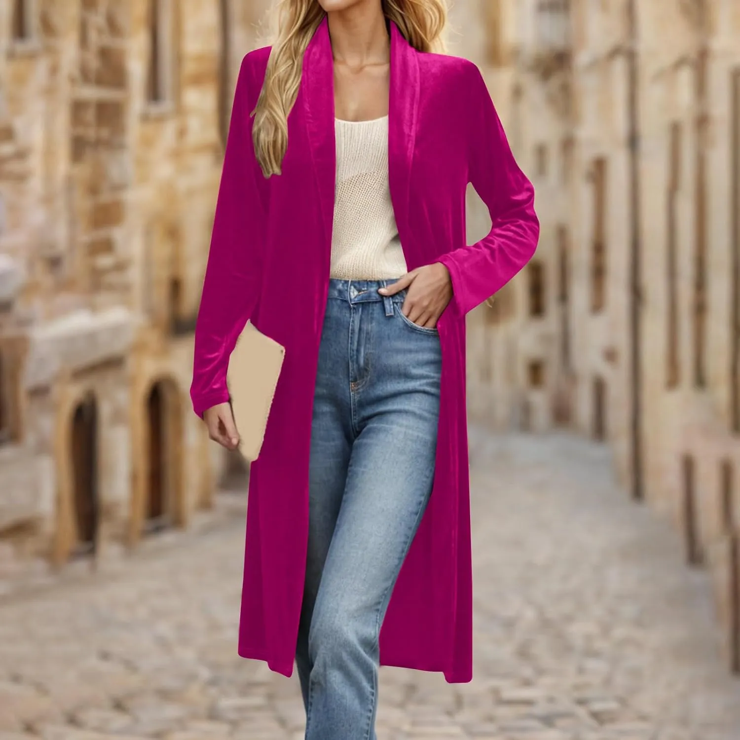 YRAETENM Women's Long Velvet Cardigan Jacket Fall Dressy Open Front Velour Lapel Coatigan Jackets Business Office Outwear