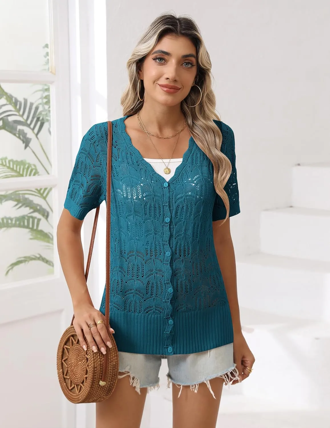 Zeagoo Women's Short Sleeve Summer Cardigan V-Neck Button up Lightweight Hollow Out Sweater Cardigans Shrug