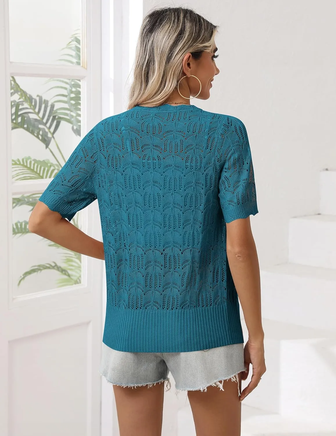 Zeagoo Women's Short Sleeve Summer Cardigan V-Neck Button up Lightweight Hollow Out Sweater Cardigans Shrug