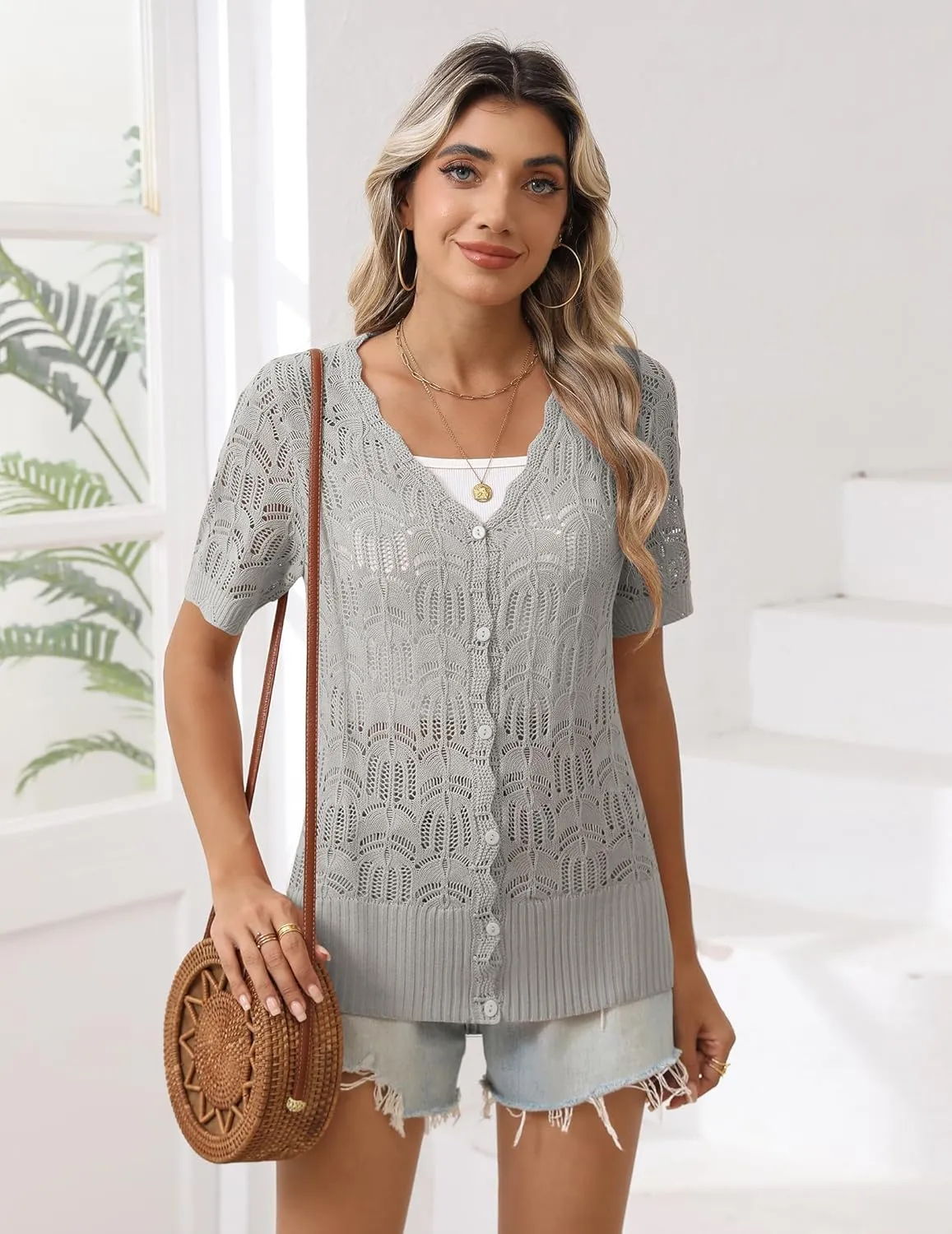 Zeagoo Women's Short Sleeve Summer Cardigan V-Neck Button up Lightweight Hollow Out Sweater Cardigans Shrug