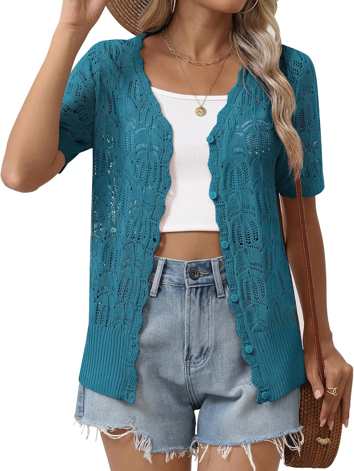 Zeagoo Women's Short Sleeve Summer Cardigan V-Neck Button up Lightweight Hollow Out Sweater Cardigans Shrug