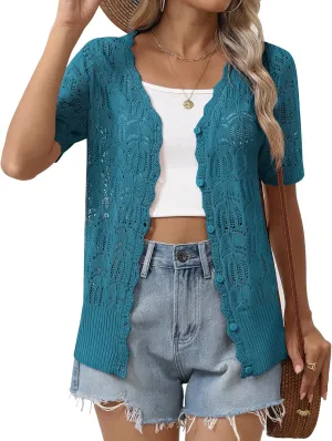 Zeagoo Women's Short Sleeve Summer Cardigan V-Neck Button up Lightweight Hollow Out Sweater Cardigans Shrug