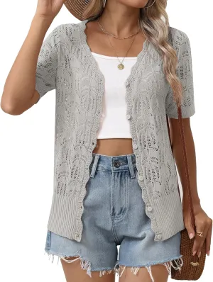 Zeagoo Women's Short Sleeve Summer Cardigan V-Neck Button up Lightweight Hollow Out Sweater Cardigans Shrug