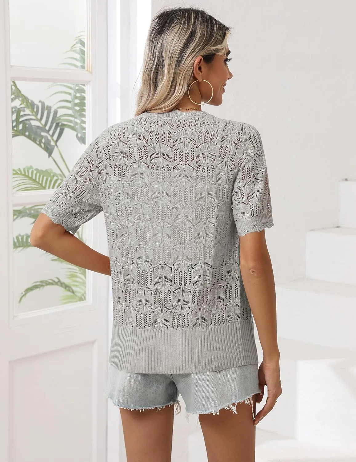 Zeagoo Women's Short Sleeve Summer Cardigan V-Neck Button up Lightweight Hollow Out Sweater Cardigans Shrug