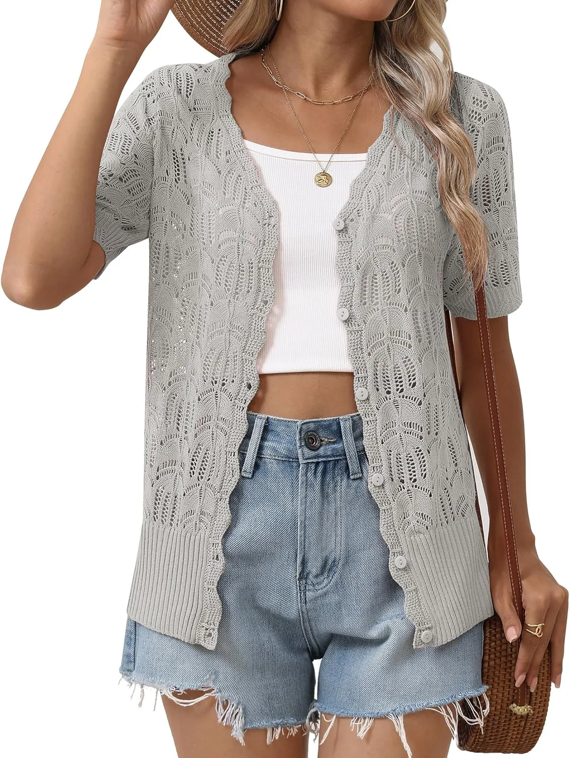 Zeagoo Women's Short Sleeve Summer Cardigan V-Neck Button up Lightweight Hollow Out Sweater Cardigans Shrug