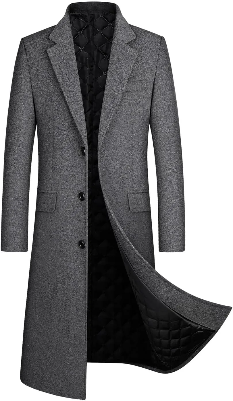 Zeiyignr Men's Classic Wool Trench Coat Single Breasted Mid Long Wool Blend Top Pea Coats Jackets Business Casual Overcoat