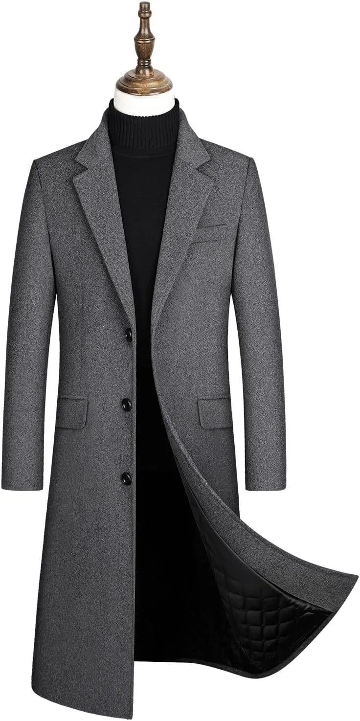 Zeiyignr Men's Classic Wool Trench Coat Single Breasted Mid Long Wool Blend Top Pea Coats Jackets Business Casual Overcoat