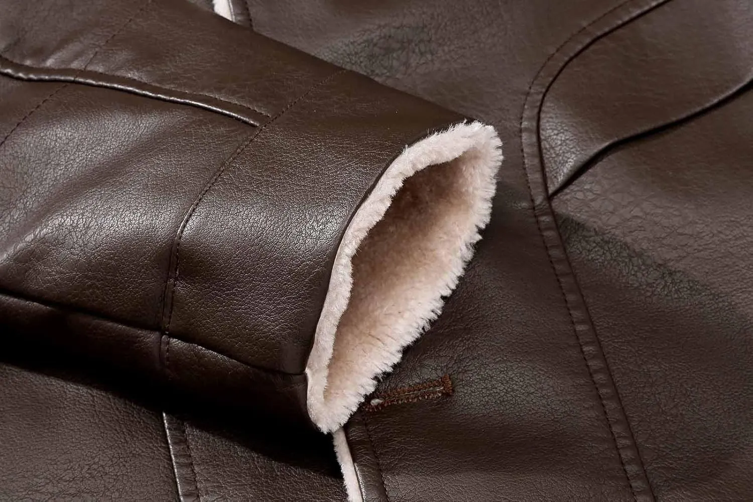 Zeiyignr Mens PU Leather Jackets Sherpa Lined Trench Coats Faux Fur Collar Trucker Coat Fleece Single Breasted Suit Jacket