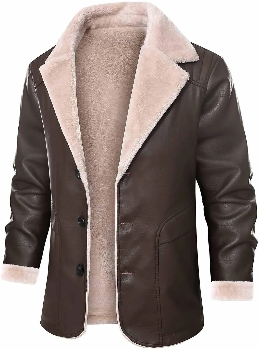 Zeiyignr Mens PU Leather Jackets Sherpa Lined Trench Coats Faux Fur Collar Trucker Coat Fleece Single Breasted Suit Jacket
