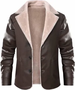 Zeiyignr Mens PU Leather Jackets Sherpa Lined Trench Coats Faux Fur Collar Trucker Coat Fleece Single Breasted Suit Jacket