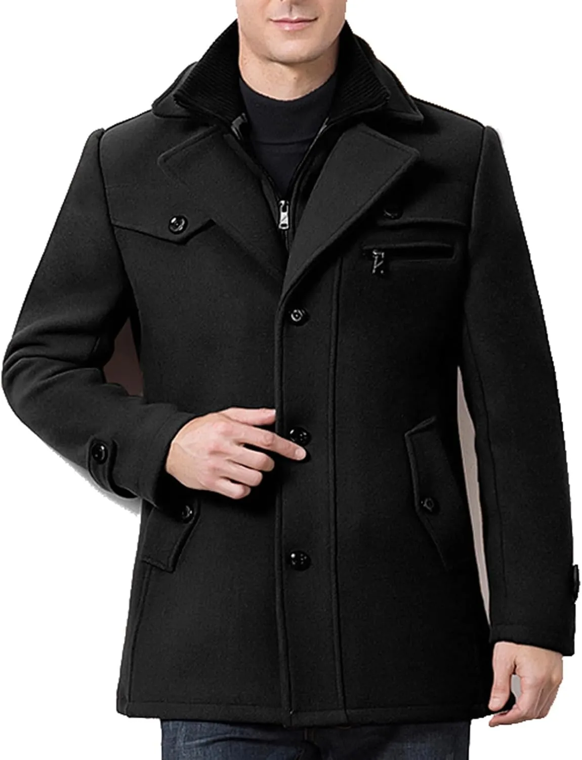 Zeiyignr Men's Winter Wool Coats Slim Fit Single Breasted Trench Jacket Woolen Pea Coat Thickened Warm Overcoat with Pockets