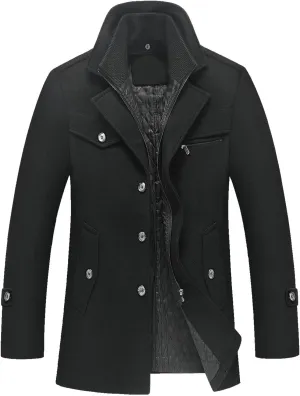 Zeiyignr Men's Winter Wool Coats Slim Fit Single Breasted Trench Jacket Woolen Pea Coat Thickened Warm Overcoat with Pockets