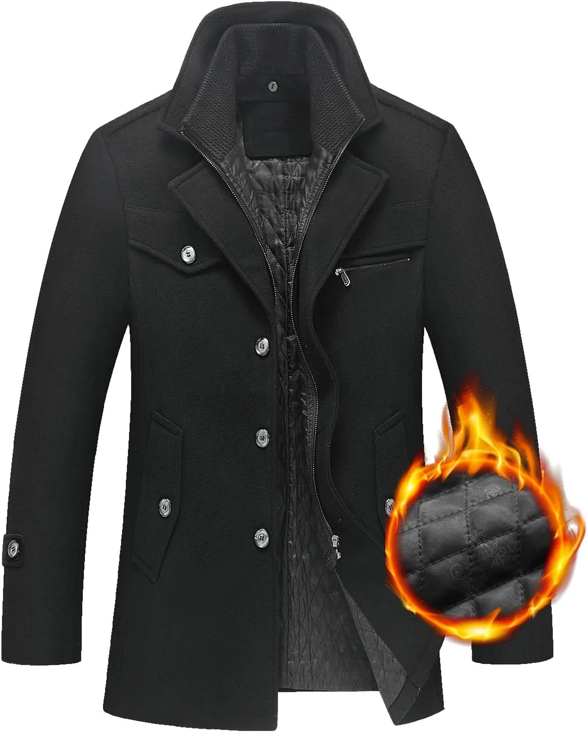 Zeiyignr Men's Winter Wool Coats Slim Fit Single Breasted Trench Jacket Woolen Pea Coat Thickened Warm Overcoat with Pockets