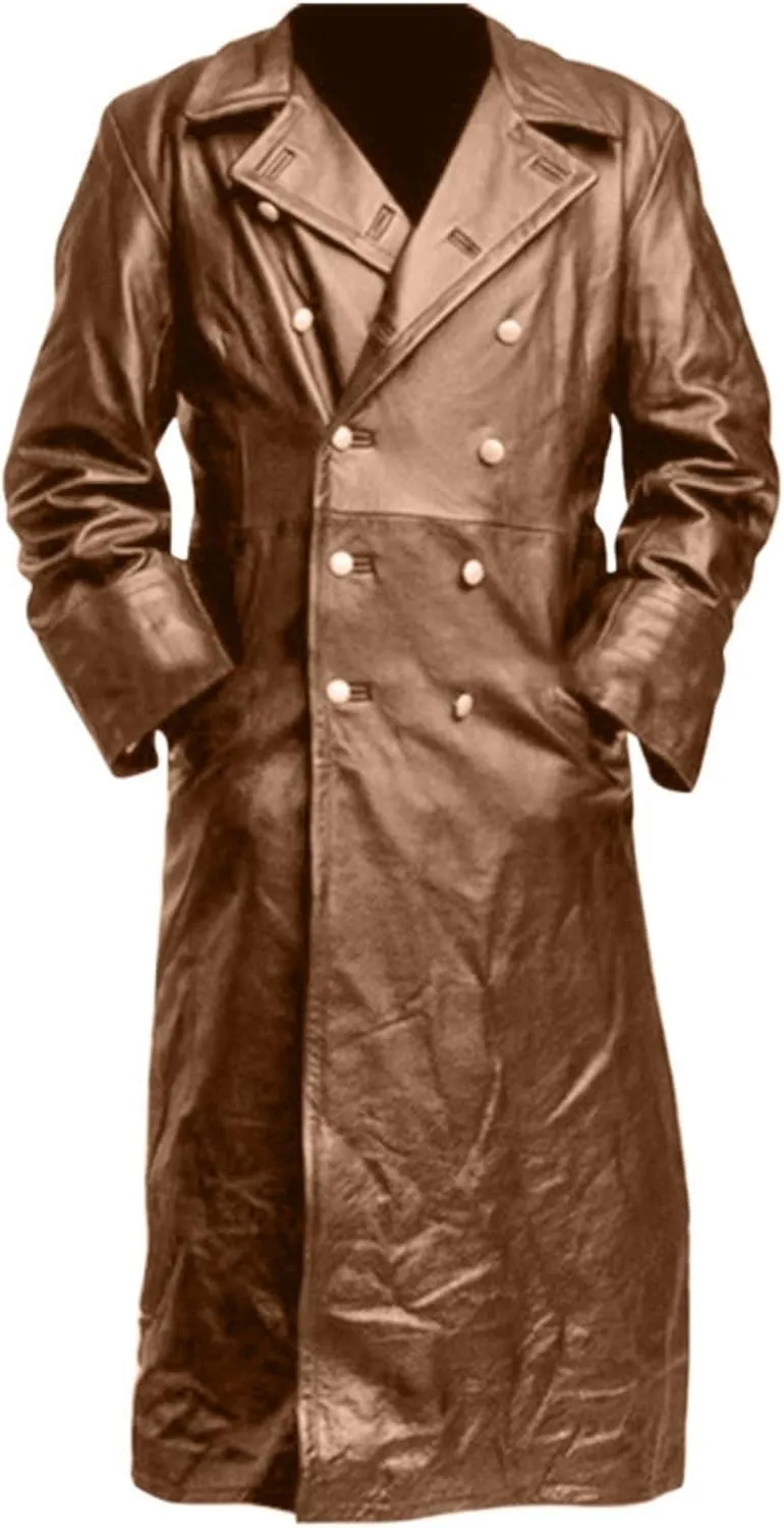 ZWRXW Leather Trench Coats for Men Double Breasted Notched Lapel Overcoats Vintage Slim Fit Long Sleeve Classic Jackets
