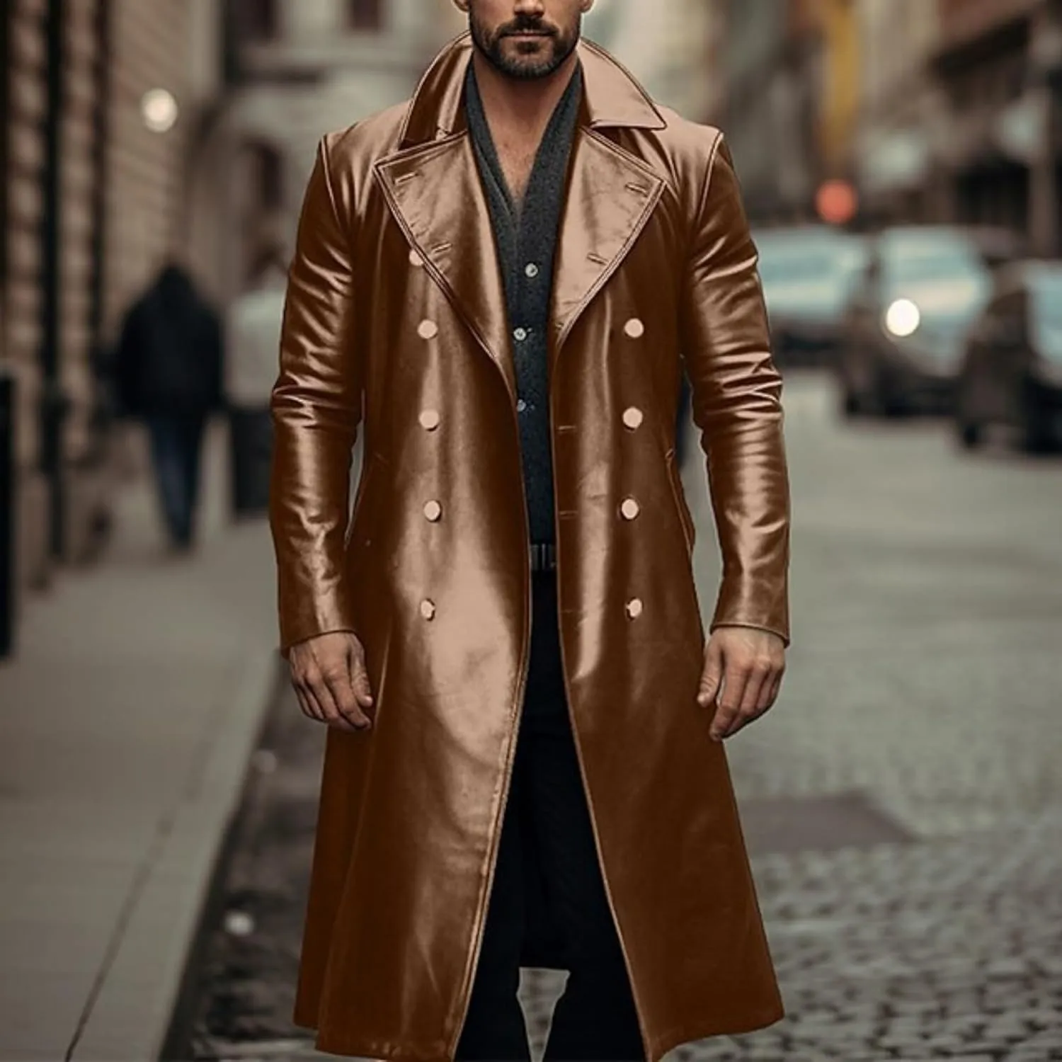 ZWRXW Leather Trench Coats for Men Double Breasted Notched Lapel Overcoats Vintage Slim Fit Long Sleeve Classic Jackets